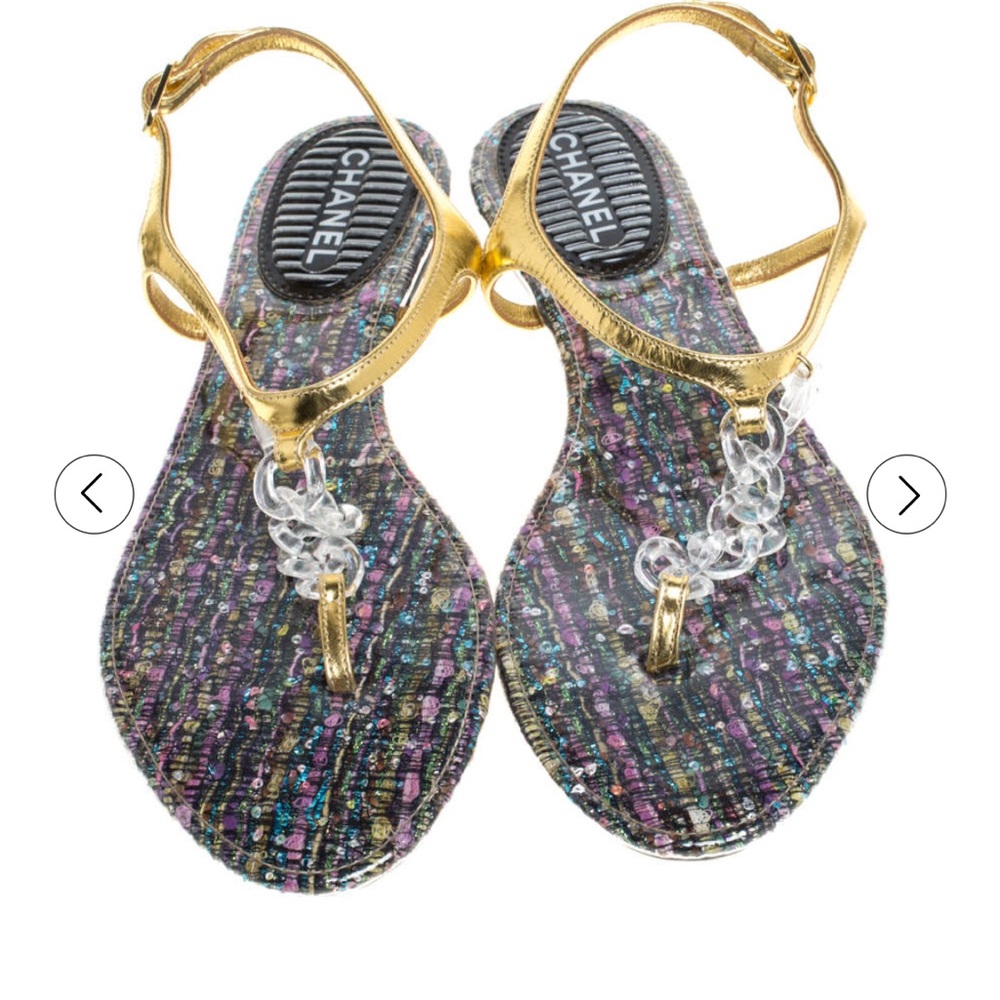 Authentic Chanel Gold Leather Plastic Chain Detail Ankle Strap Thong Flat Sandal